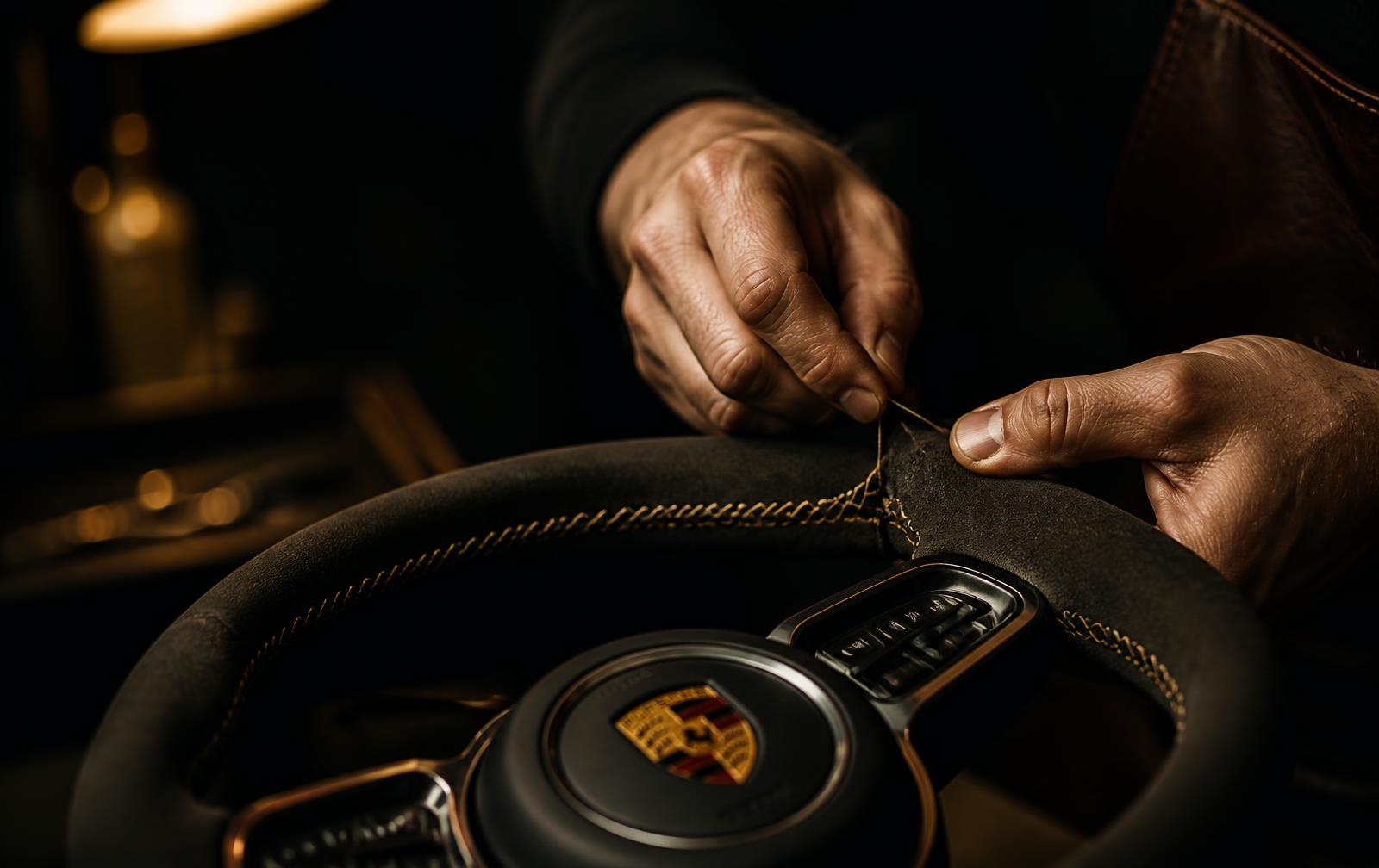 Artisan cousant l'Alcantara sur un volant dans l'atelier KB Auto